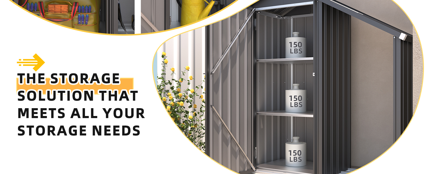 Le texte indique « LA SOLUTION DE STOCKAGE QUI RÉPOND À TOUS VOS BESOINS DE STOCKAGE ». Cabanon de rangement extérieur gris foncé avec panneaux nervurés verticaux, porte ouverte montrant des étagères intérieures avec des conteneurs blancs, positionné sur du gravier près de l'aménagement paysager.