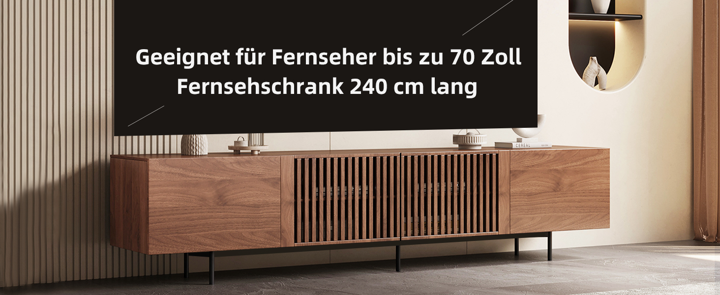 Moderner TV-Ständer aus Holz mit Lamellenfrontplatten und schwarzen Metallbeinen. Verfügt über glatte Oberflächen und minimalistisches Design. Der Text weist darauf hin, dass es für Fernseher bis zu 70 Zoll geeignet ist.