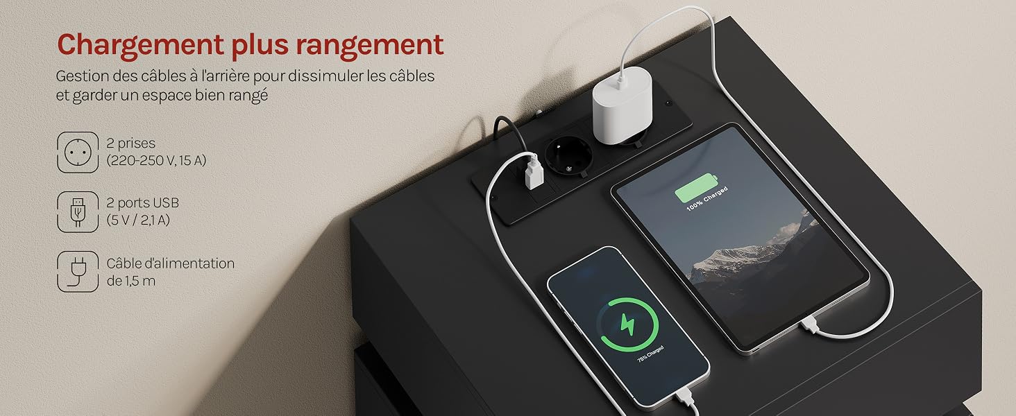 Le texte se lit comme suit : « Chargement plus rangement ». Gros plan de l'interface de l'appareil électronique montrant l'état de charge et les informations de stockage avec de simples icônes et indicateurs.
