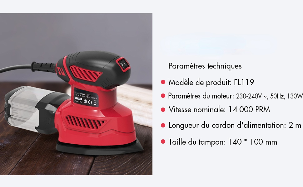 con specifiche tecniche: modello FL119, 230-240 V ~ 50 Hz, potenza 130 W, 14.000 giri/min, lunghezza cavo 2 m, dimensioni piastra 140*100 mm. Design compatto e portatile per progetti fai da te.