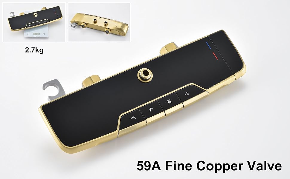 Vanne en cuivre fin 59A noire et dorée avec marquage de poids de 2,7 kg, dotée d'une construction métallique et d'un point de connexion circulaire.