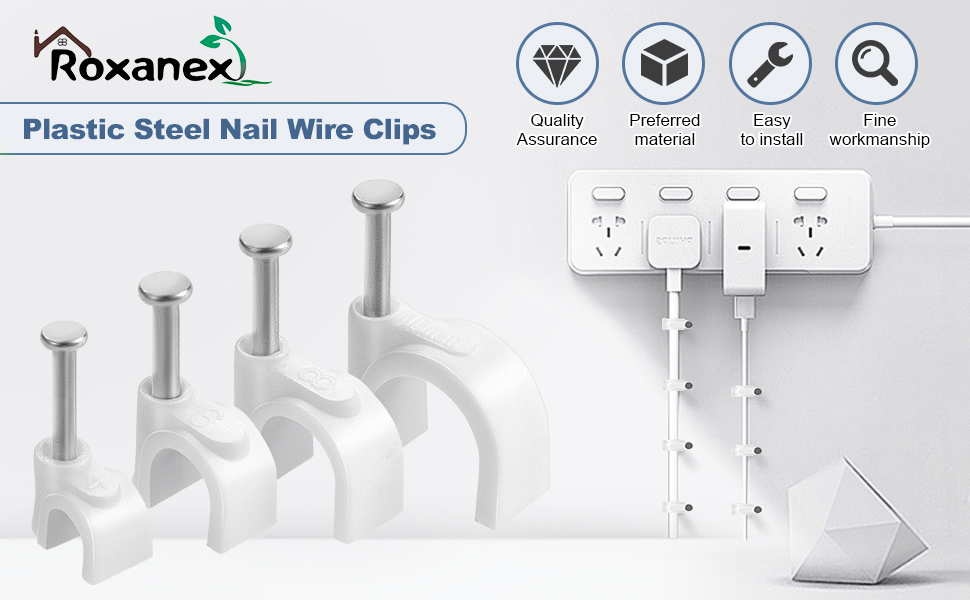 Roxanex plastic steel nail wire clips in various sizes, shown with electrical outlets. Icons indicate quality, material, and installation features.