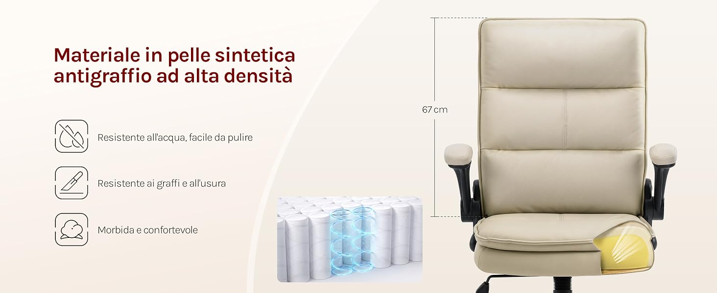 Il testo recita «Materiale in pile sintetico antigraffi ad alta densità» con le icone dei prodotti. Poltrona imbottita beige mostrata da più angolazioni che mostra la trama del tessuto e le caratteristiche di comfort.