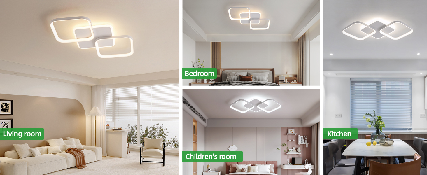 Moderne LED-Deckenleuchten mit geometrischen Formen in verschiedenen Raumeinstellungen.
[SENTENCE 9] Die Leuchten sind quadratisch und ineinandergreifend gestaltet und sorgen für eine stimmungsvolle Beleuchtung in Wohn-, Schlaf- und Küchenbereichen