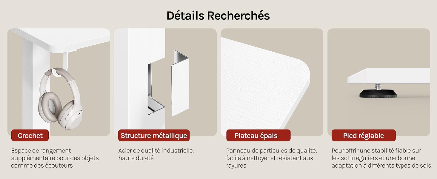 Le texte se lit comme suit : « Détails Recherchés ». Vitrine de produits à quatre panneaux présentant des écouteurs supra-auriculaires blancs sous différents angles sur fond beige.