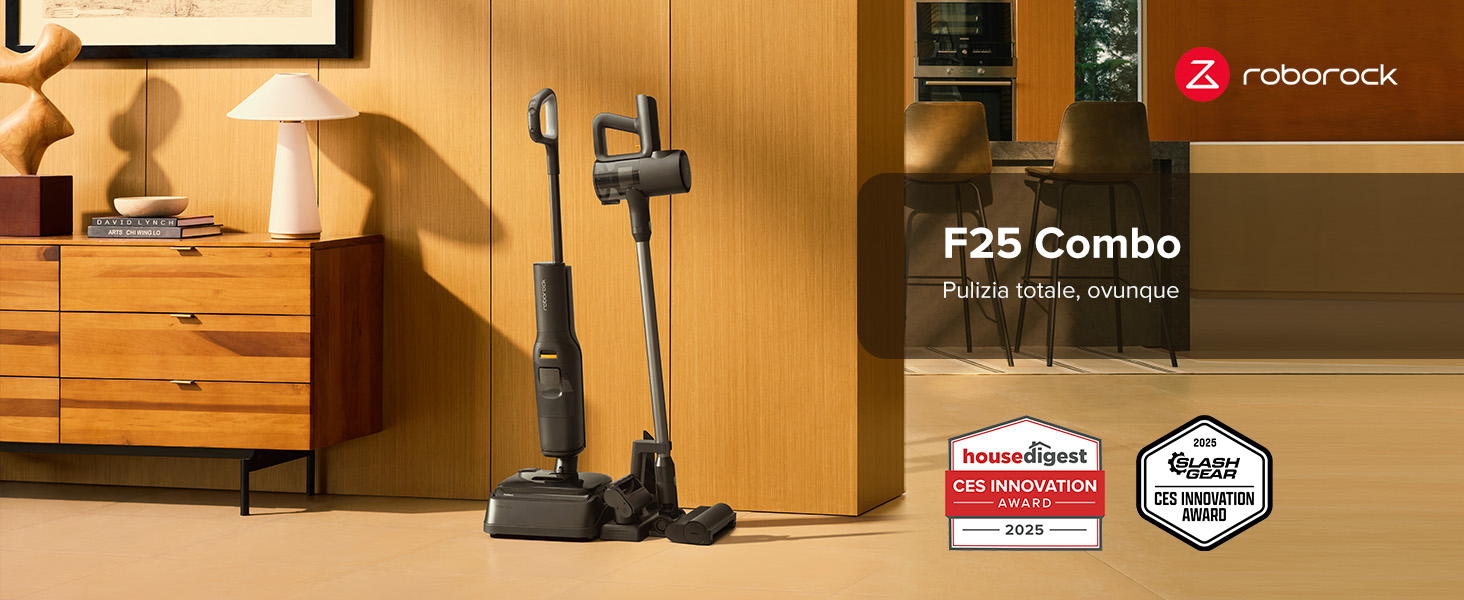 Set aspirapolvere senza fili F25 Combo con due unità, una portatile e una verticale, visualizzabili in un ambiente domestico.