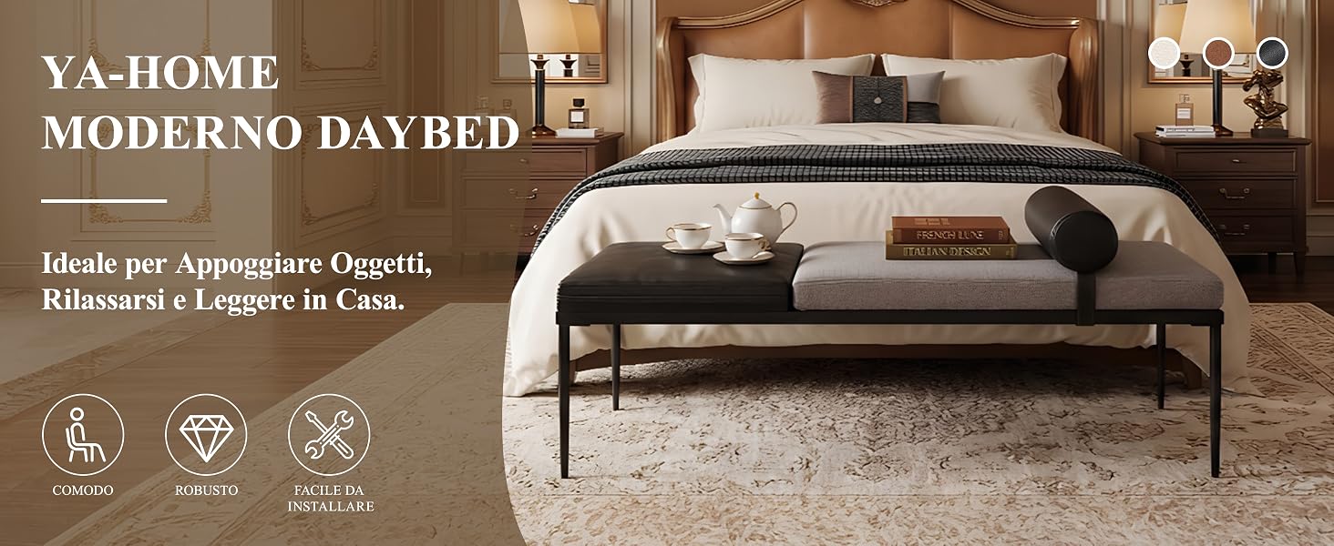 Il testo recita «YA-HOME MODERNO DAYBED» e «Made per Appoggiare Oggetti, Rilassarsi e Leggere in Casa» con le icone sottostanti. Divano letto in metallo nero con cuscini in stile moderno per camera da letto.