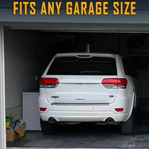 Text reads 'FITS ANY GARAGE SIZE'. Dark garage interior showing parked SUV with emphasis on vehicle fitting within garage space.