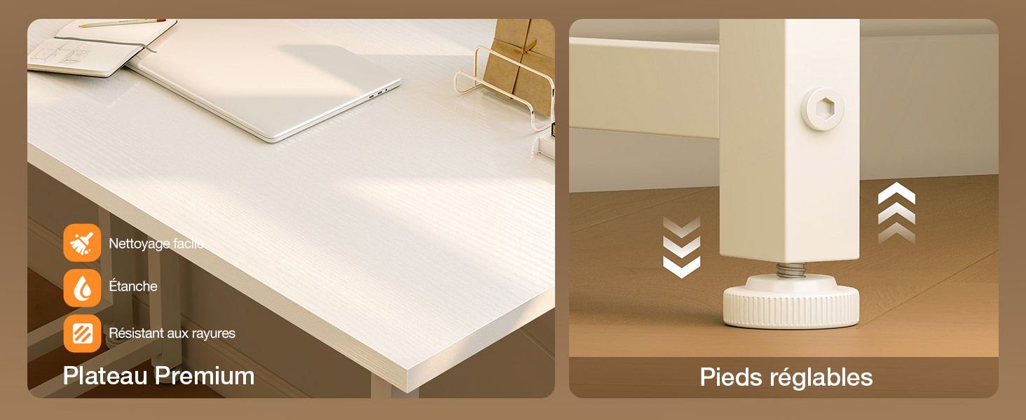 Le texte indique « Plateau Premium » et « Pieds réglables ». Images montrant des éléments de mobilier réglables dans un cadre beige/neutre.