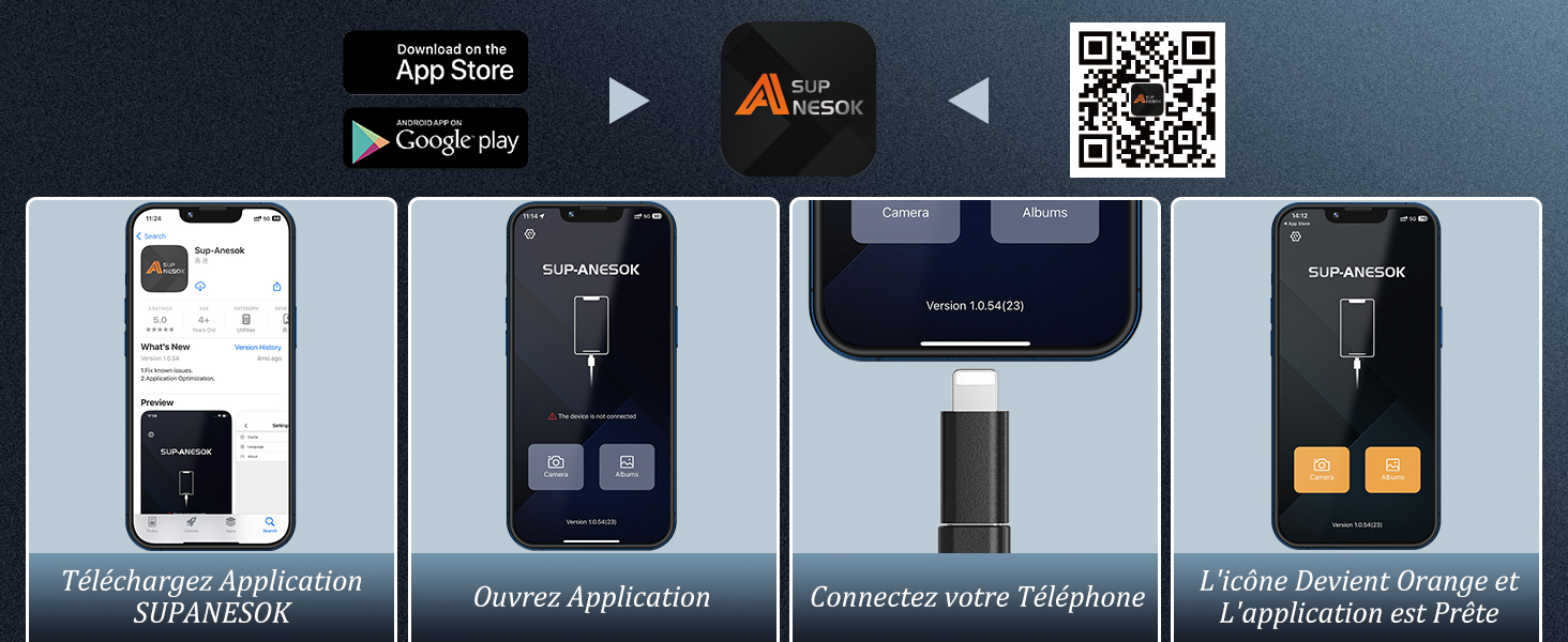 Démonstration de l'interface de l'application mobile montrant plusieurs écrans avec un code QR et des options de téléchargement sur l'App Store.