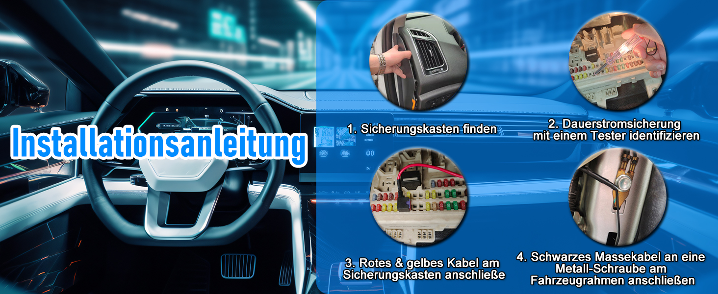 Kompositbild, das den Fahrzeuginnenraum mit Lenkrad und vier kreisförmigen Einsätzen zeigt, die Installationsschritte für ein Autozubehör zeigen, mit deutscher Textüberlagerung