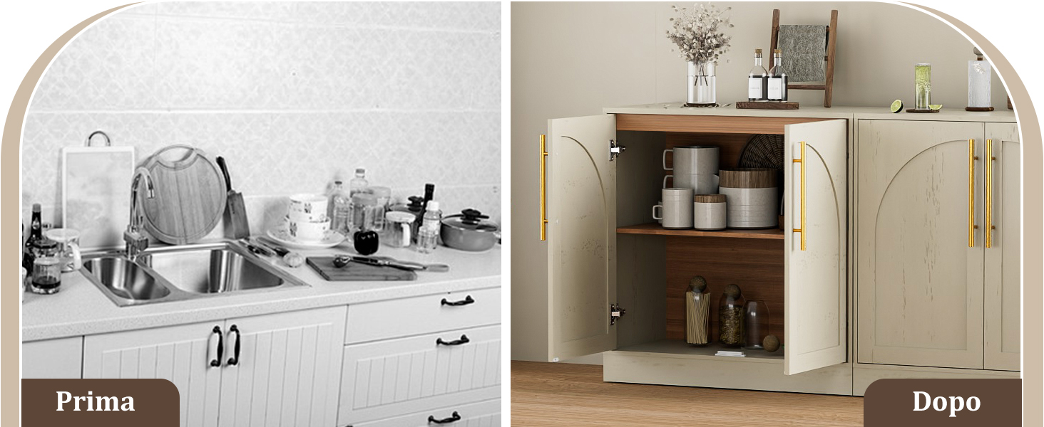 Il testo recita «Prima» e «Dopo». Serie di foto prima e dopo la ristrutturazione della cucina che mostrano la trasformazione da banconi ingombranti a un design minimalista moderno e organizzato con superfici pulite.