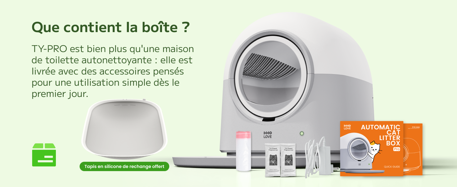 Le texte se lit comme suit : « Que contient la boîte ? » et « TY-PRO est bien plus qu'une simple brosse — c'est une révolution pour votre maison ». Ventilateur de bureau blanc avec écran frontal circulaire gris, accompagné d'un câble de charge, d'un manuel et d'une carte d'instructions orange.