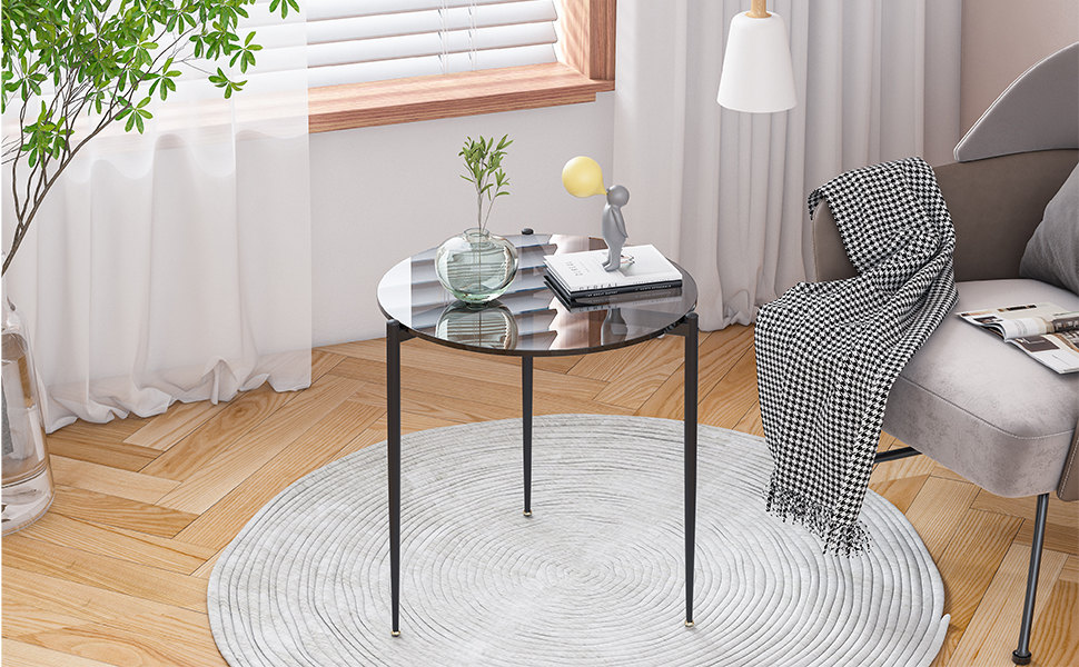 Artloge Petite Table Appoint Salon Bout Canapé Ronde Noir Verre Trempé Table Chevet Cadre Métal