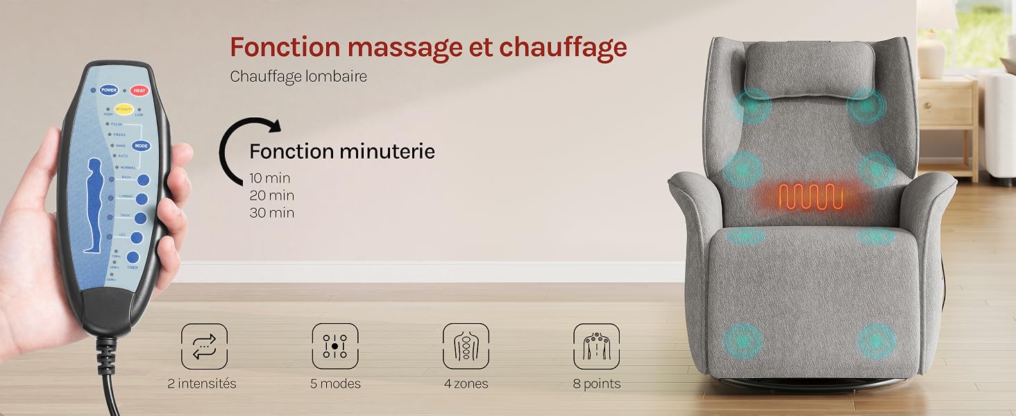 Le texte indique « Fonction massage et chauffage », « Fonction minuterie » et des icônes illustrant les fonctionnalités. Coussin chauffant gris avec télécommande affichée, affichant les fonctions de massage et de chauffage avec réglage de la minuterie.