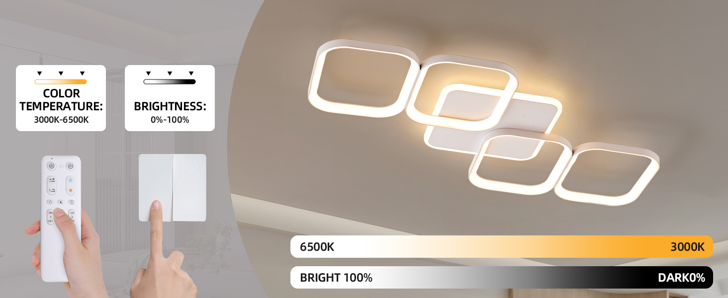 Moderne LED-Deckenleuchte mit vier miteinander verbundenen quadratischen Rahmen. Verfügt über eine an der Wand montierte Fernbedienung einstellbare Farbtemperatur und Helligkeit. Zeigt die Lichteinstellungen für warmes bis kaltes Licht