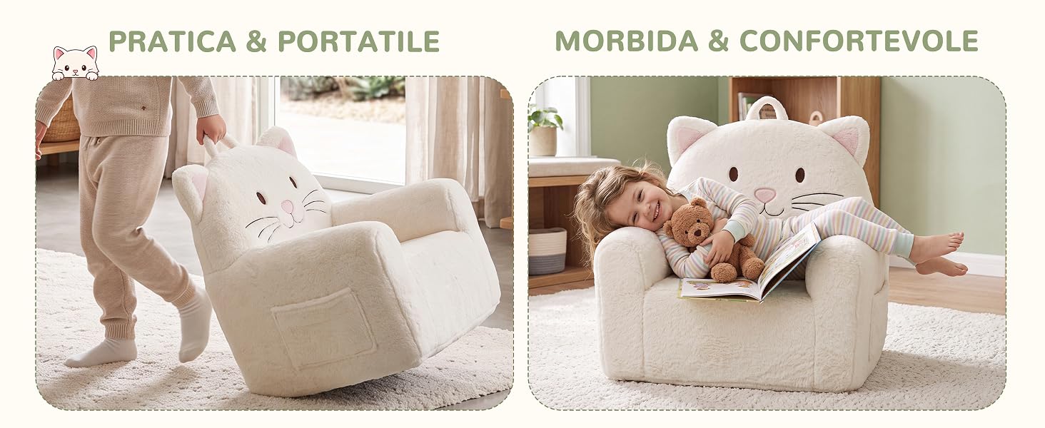 Il testo recita «PRATICA &amp; PORTATILE» e «MORBIDA &amp; CONFORTEVOLE». Immagine divisa che mostra una poltrona a sacco beige in una stanza minimalista e un morbido pouf color crema con orsacchiotto in un ambiente per la cameretta dei bambini.