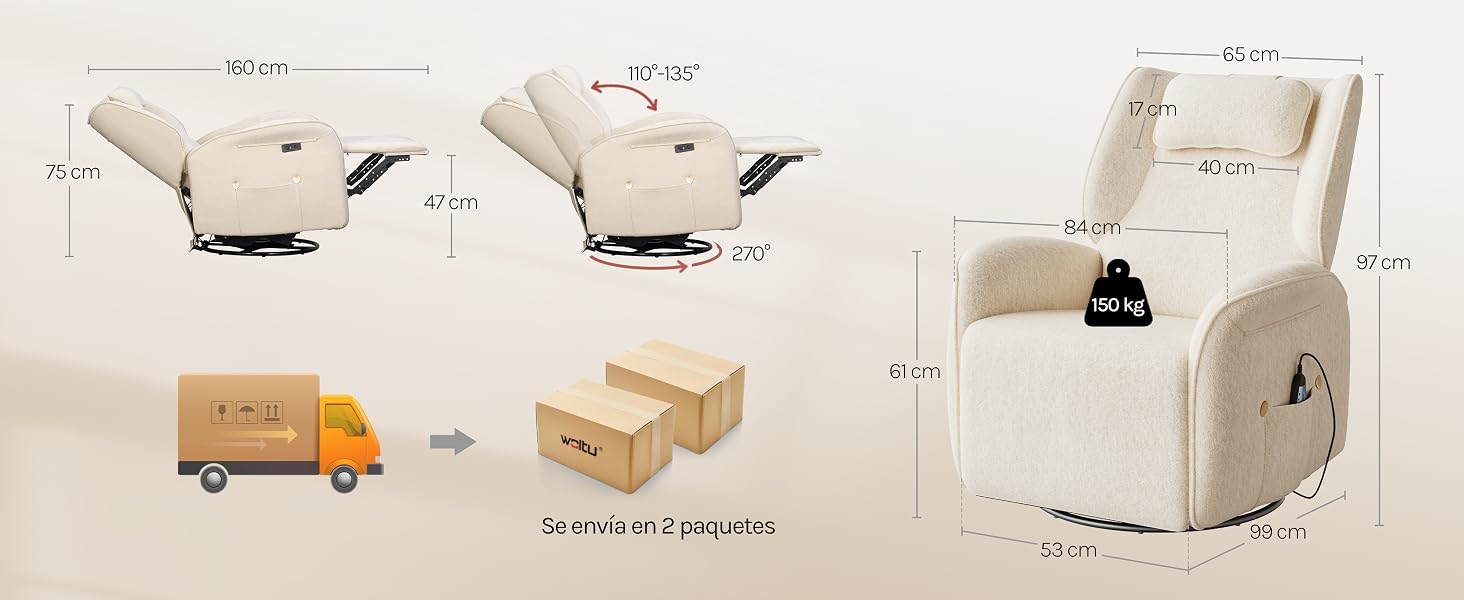 El diagrama de ensamblaje de la silla reclinable de color beige muestra varias vistas: detalles de la tela, caja de entrega, contenido del paquete y sillón reclinable vertical completamente ensamblado con mecanismo de reposapiés.