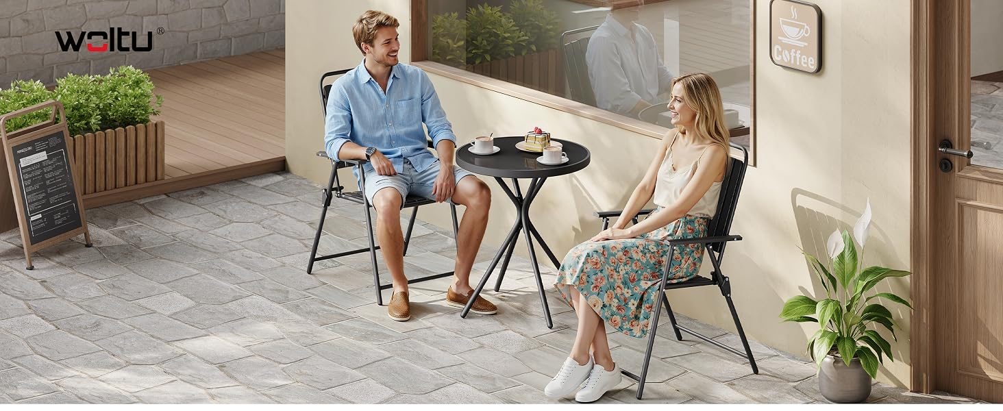Text reads 'WAIDU' (brand name). Interior living space showing two people seated at small round black table with chairs on light-colored carpet surrounded by potted green plants and minimalist home décor.
