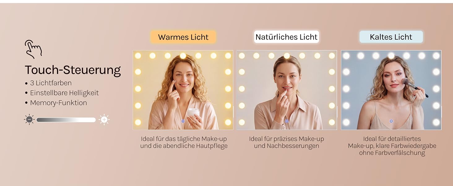Der Text lautet „Touch-Steuerung“, „Warmes Licht“, „natürliches Licht“, „Kaltes Licht“, mit deutschen Featurebeschreibungen. Drei Lichtfarbmodi, bei denen Frauen warme, natürliche und kühle Lichteffekte demonstrieren.