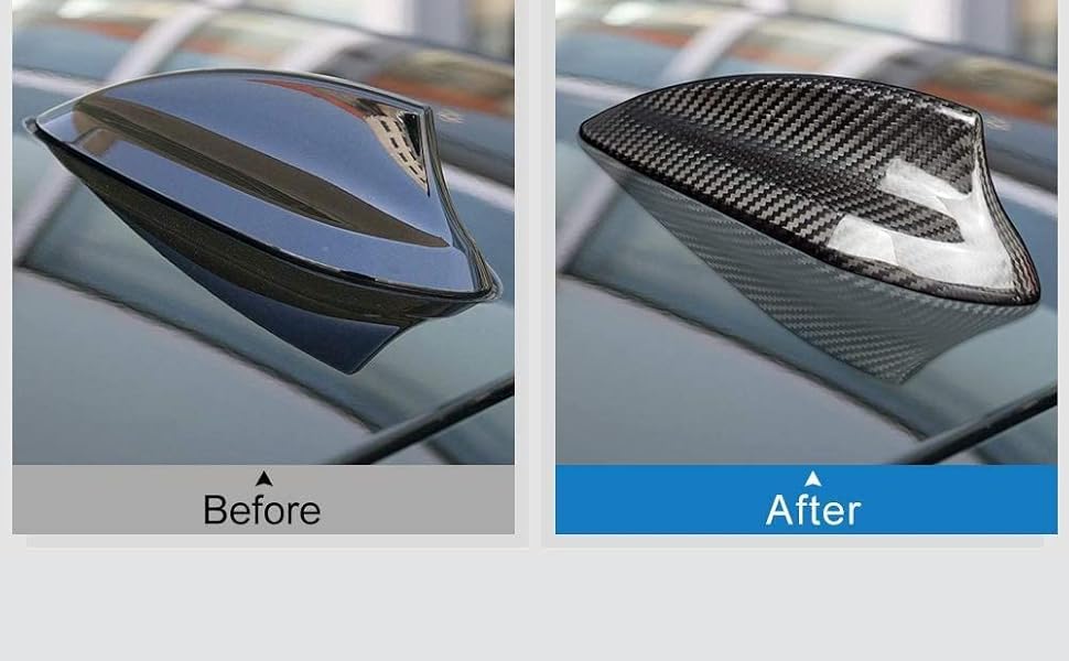 Before and after comparison of a car roof antenna. Left shows a black plastic antenna, right shows the same antenna covered with a carbon fiber-look wrap.