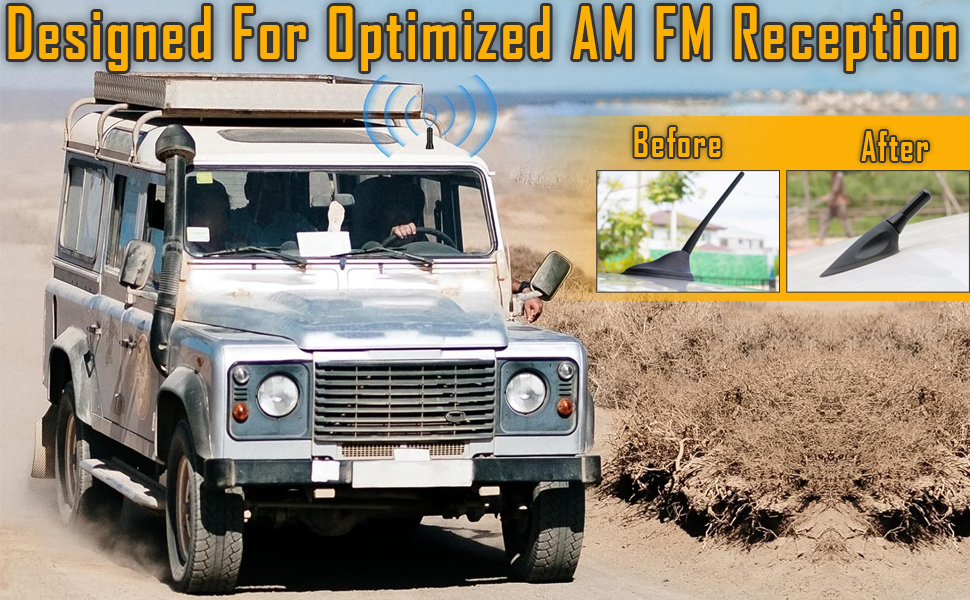 Text reads 'Multi-Functional' and 'Designed For Optimized AM FM Reception'. Series of outdoor scenes featuring vehicles and nature settings.