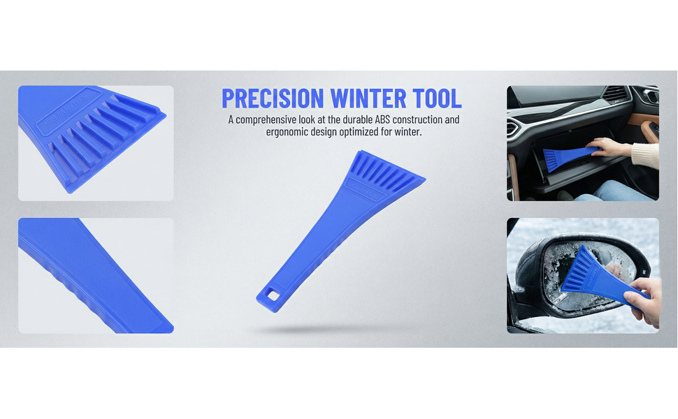 Text reads: 'PRECISION WINTER TOOL'. Series of images showing blue plastic ice scraper tool being demonstrated on car windshield, multiple angles of product design.