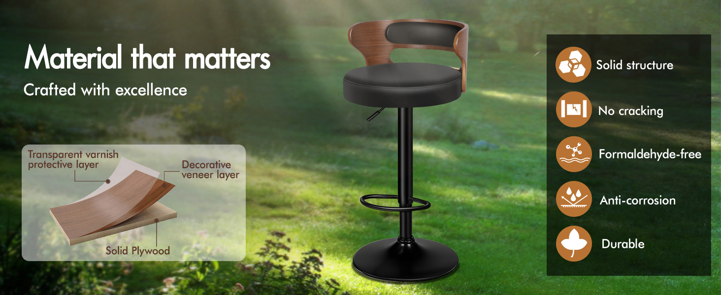 Text reads 'Material that matters' and 'Crafted with excellence'. Product features diagram showing solid structure and durability indicators.