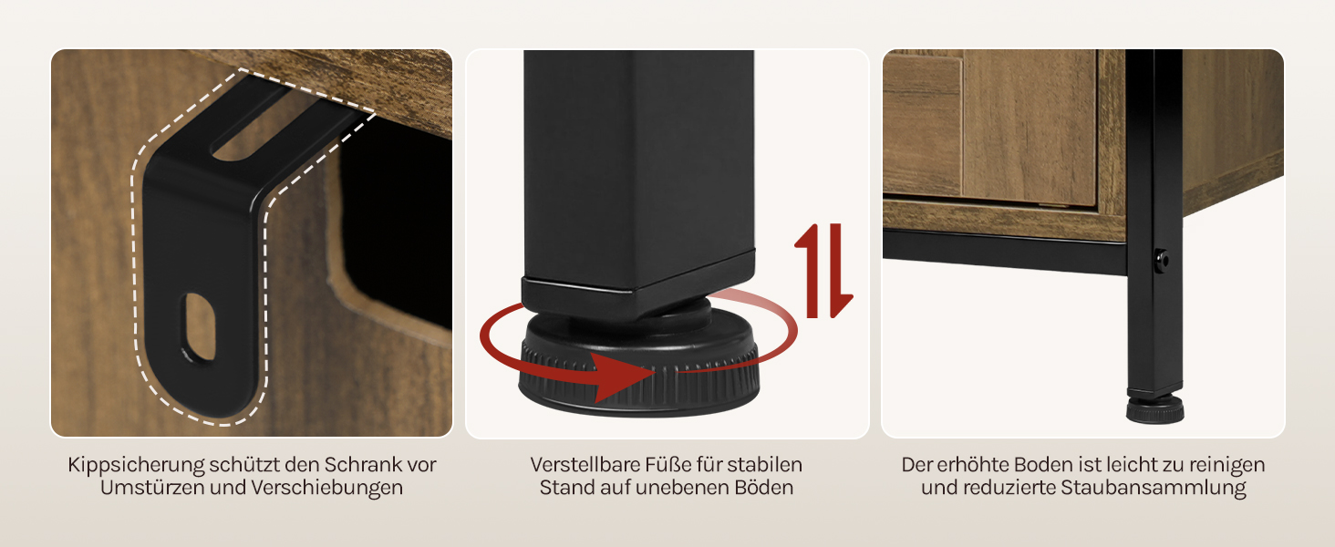 Drei Detailbilder zeigen: Holzstruktur mit dunkler Metallhalterung, schwarzer runder Basis mit rotem kreisförmigem Element und dunklem Möbelbein mit Befestigungsmaterial. Installations- oder Montagedetails des Montagesystems.