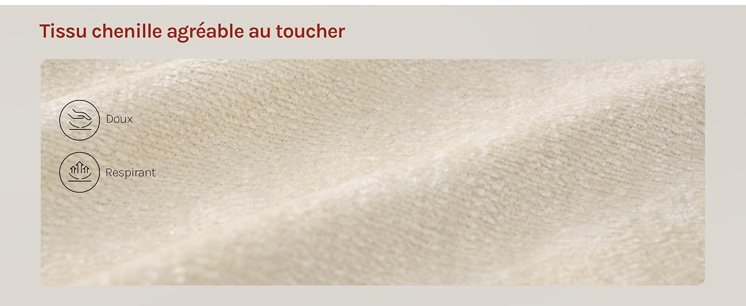 Le texte indique « Tissu durable exploitable en toile ». Échelle de texture de tissu tissé beige affiché sur fond blanc.