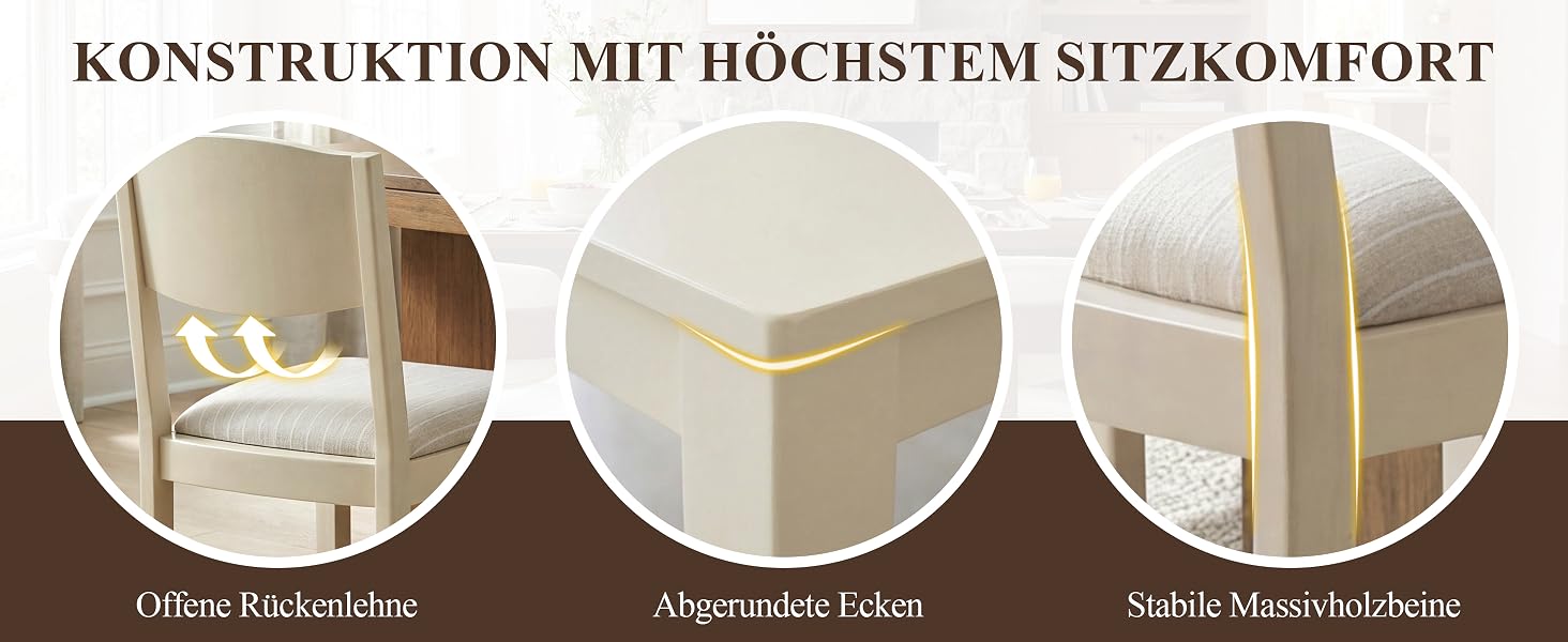 Der Text lautet „KONSTRUKTION MIT HÖCHSTEM SITZKOMFORT“ mit den deutschen Bezeichnungen „Dünne Rückenlehne“, „Abnehmbarer Bezug“, „Stabile Metallschiene“. Drei kreisförmige Detailfotos zeigen die Konstruktionsmerkmale des Sofas, einschließlich der Rückenlehne, des abnehmbaren Bezugs und des Metallrahmens.