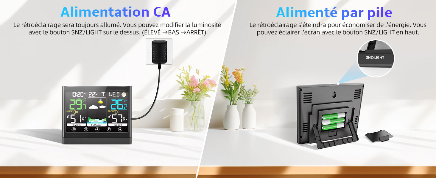 Le texte indique « Alimentation CA » et « Alimenté par pile ». Schéma technique présentant les options d'alimentation et les connexions pour les équipements électroniques alimentés à la fois par courant alternatif et par batterie.