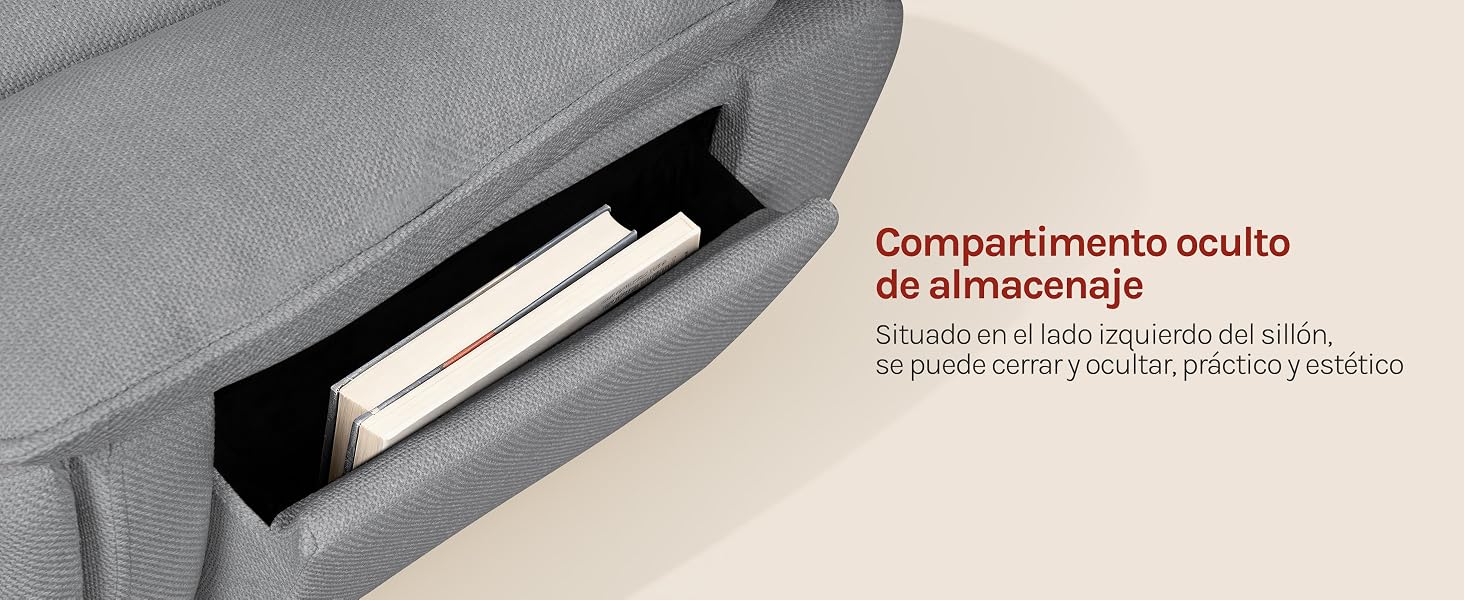 El texto dice «Compartimento oculto de almacenaje». Vista desde arriba que muestra una ranura de almacenamiento negra estrecha integrada en una superficie de color claro.