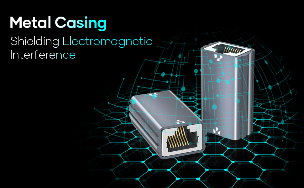 Metal casing for shielding electromagnetic interference. Two silver metal enclosures, one cylindrical and one rectangular with Ethernet port, on dark background with blue digital graphics.