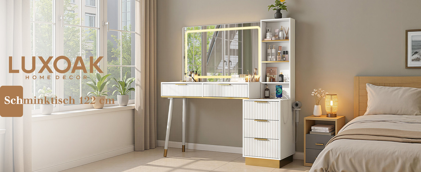 Der Text lautet „LUXOAR“. Innenarchitekturbilder, die moderne Schlafzimmermöbel mit neutralen Farbschemata und modernem Design zeigen.
