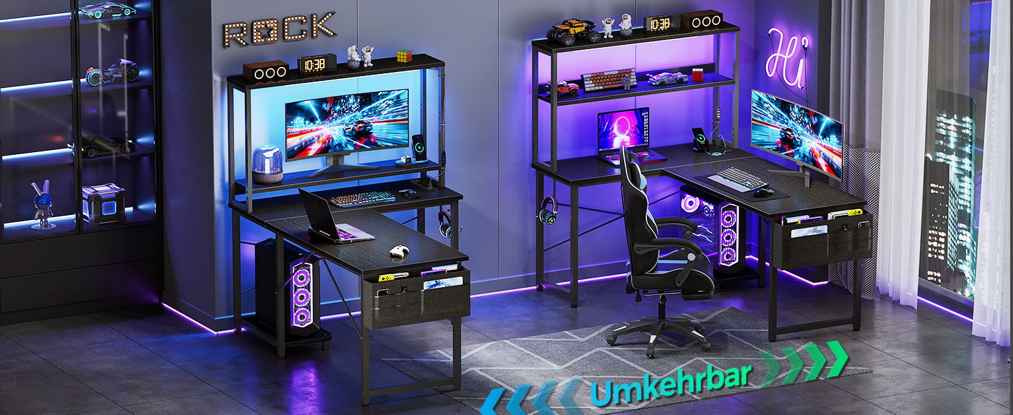 Gaming-Schreibtisch-Setup mit RGB-Beleuchtung, mehreren Regalen, großem Monitor und Tastaturablage. Verfügt über den Text „RACK“ und das Etikett „Umkehrbar“, was auf ein umkehrbares Design in dunklen Räumen hinweist