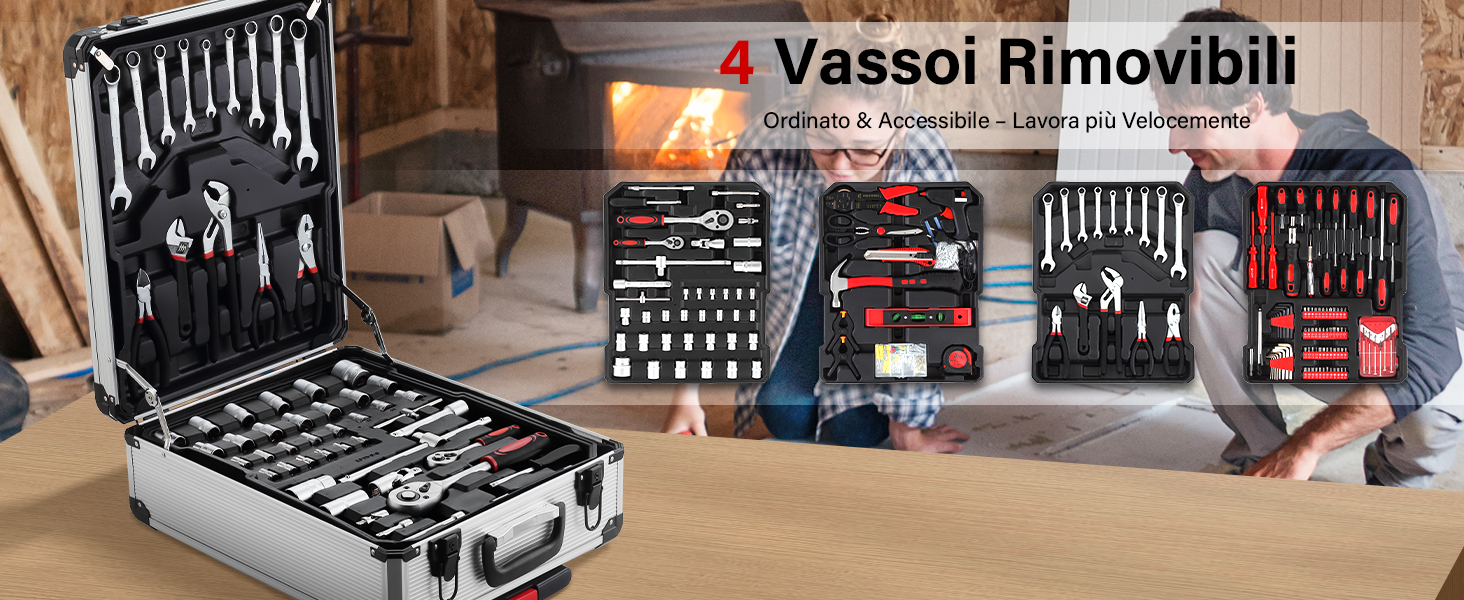 Il testo recita «Vassoi Rimovibili». Set di attrezzi da meccanico professionale disposto in una valigetta, con varie chiavi, bussole e altri utensili manuali.