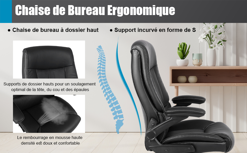 avec dossier haut, support en forme de S et accoudoirs rembourrés. Les caractéristiques comprennent un soutien lombaire, un appui-tête réglable et un rembourrage en mousse épaisse pour