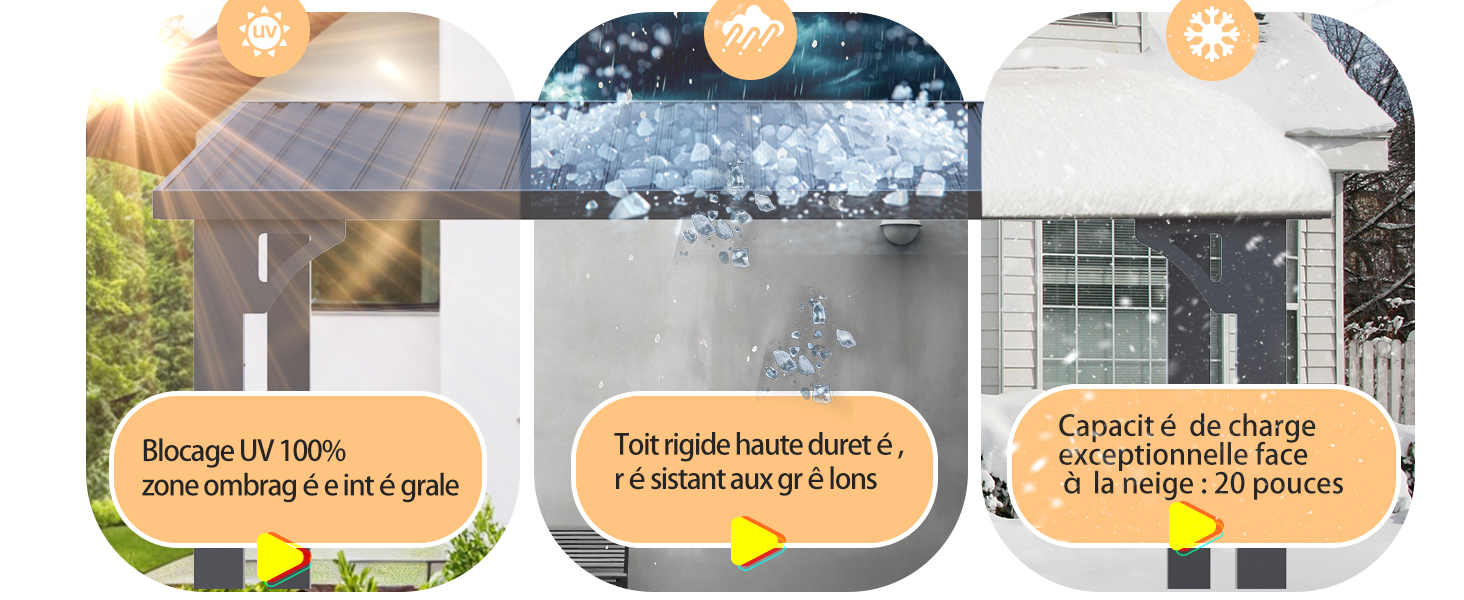 Image à trois panneaux montrant les caractéristiques de la technologie solaire avec un texte en français sur le recyclage des panneaux solaires, le contrôle de la luminosité et la capacité de charge.
