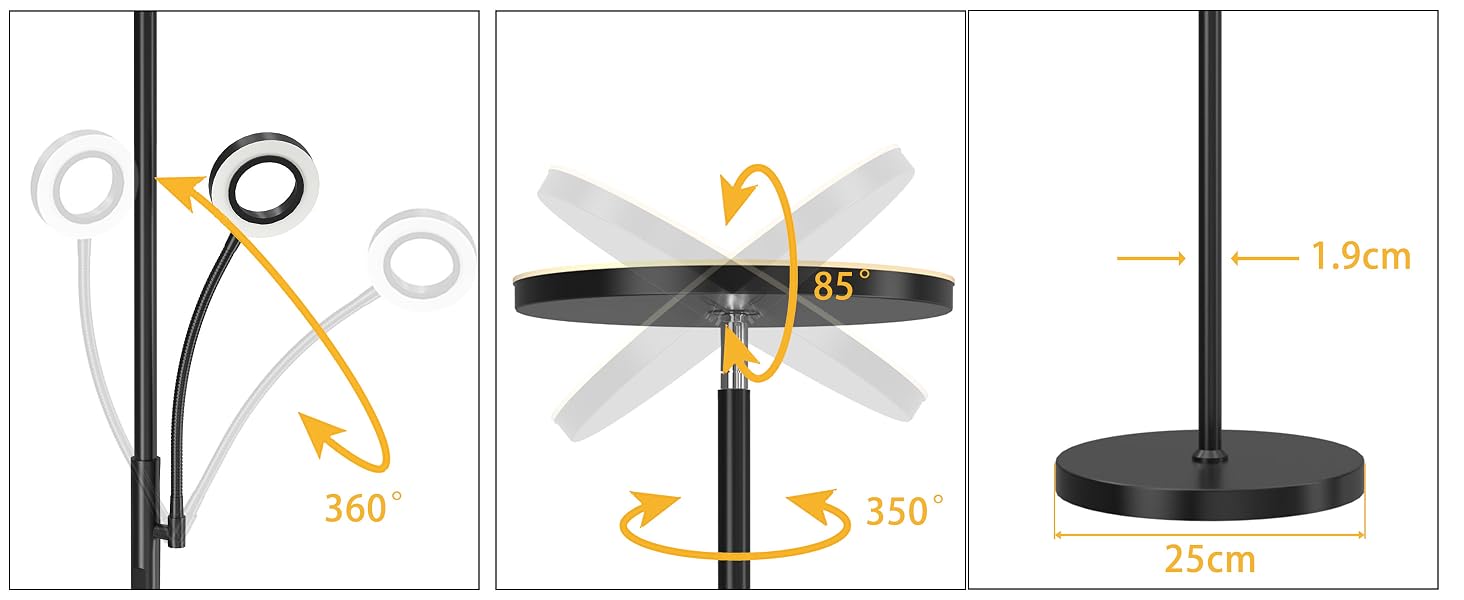 Diagramm eines Ständers mit einstellbarer Höhe (25 cm) und 360-Grad-Drehung. Verfügt über zwei Drehpunkte für eine flexible Positionierung