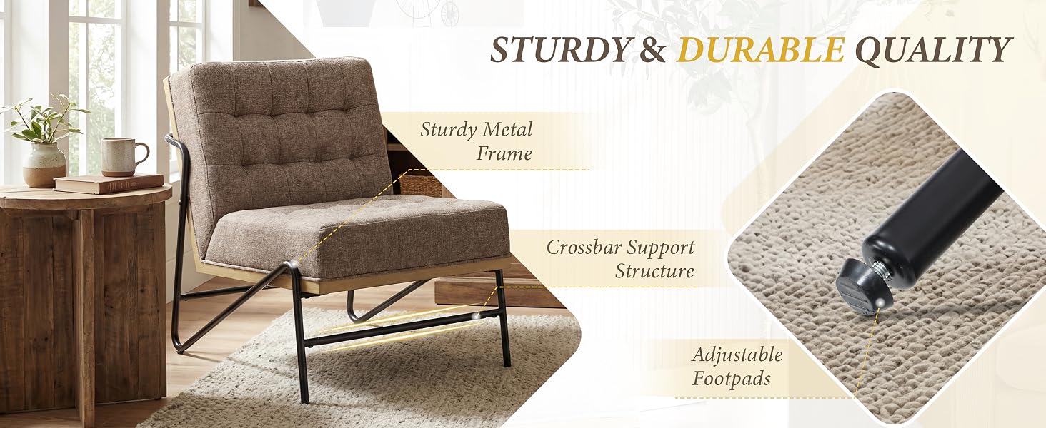 Text reads 'STURDY & DURABLE QUALITY'. Brown upholstered accent chair with wooden legs displayed in living room setting, with close-up detail of fabric texture and construction showing cushioned seat.
