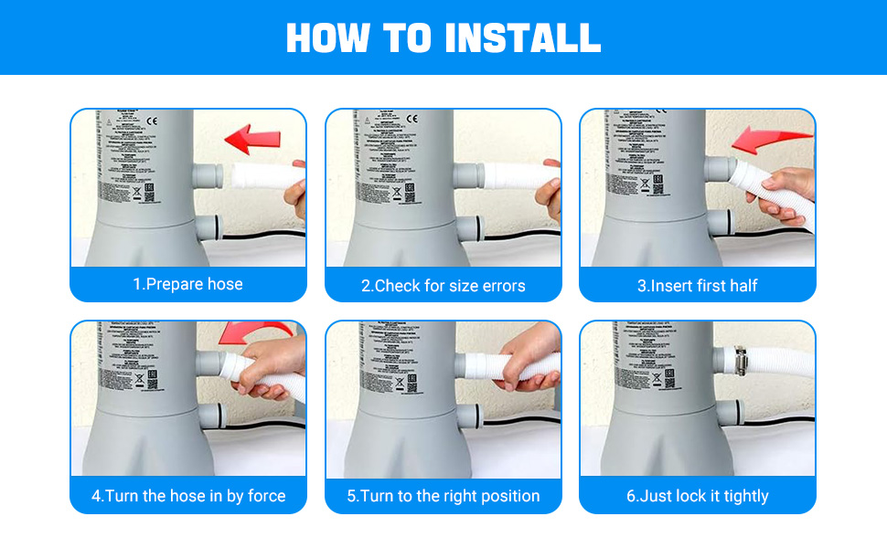 Step-by-step installation guide for a product, showing six panels with hands demonstrating the process on a silver appliance or fixture.