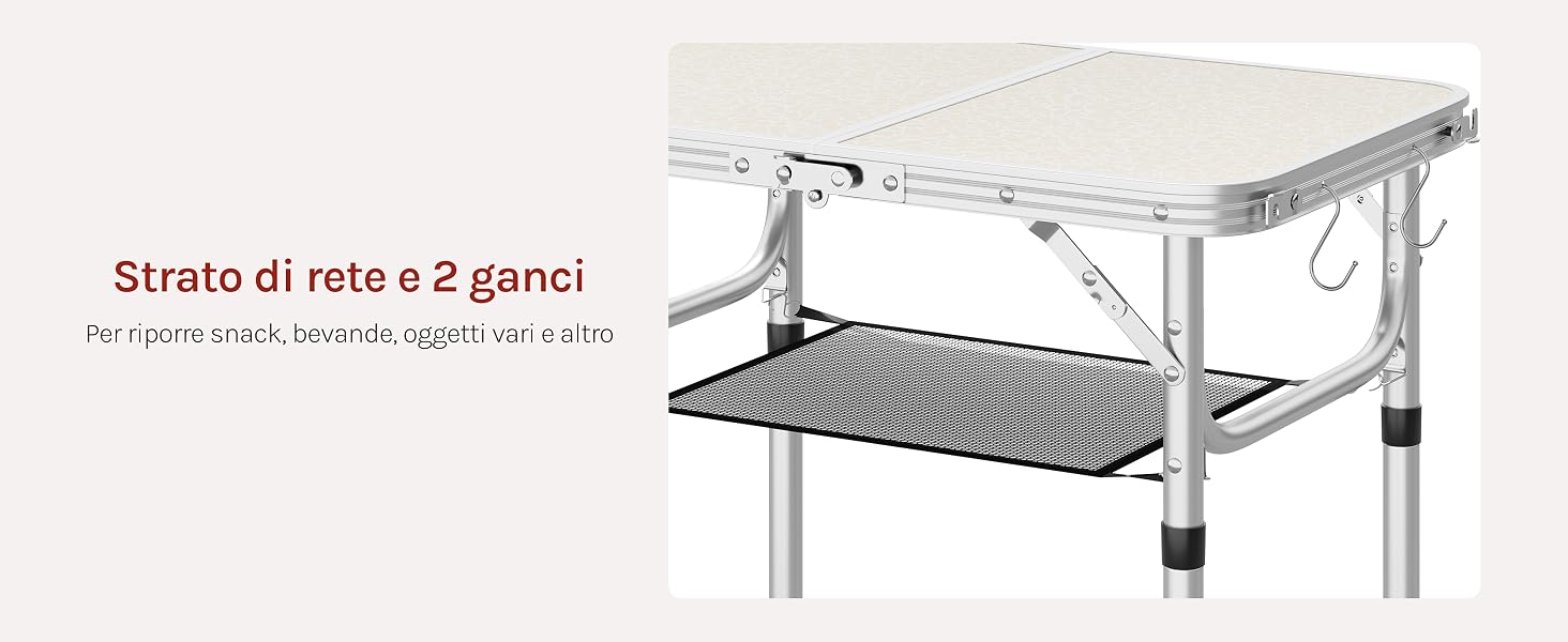 Il testo recita 'Strato di rete e 2 ganci'. Viene mostrata l'illustrazione tecnica di un sistema di scaffali o scaffali a più livelli bianco con materiale di montaggio.