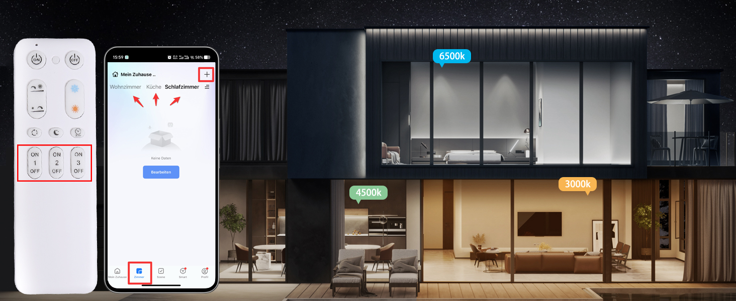 Bilderserie, die ein modernes Büro- oder Gewerbeflächeninterieur mit digitalen Displays und Glastrennwänden zeigt. Dunkle, minimalistische Designästhetik.