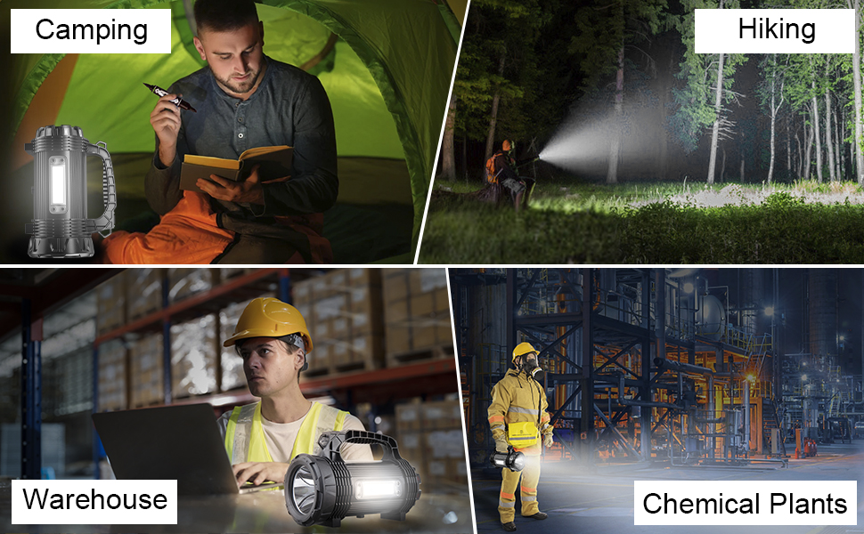 un collage d'images montrant un homme portant un casque jaune, une lampe de poche et une lampe