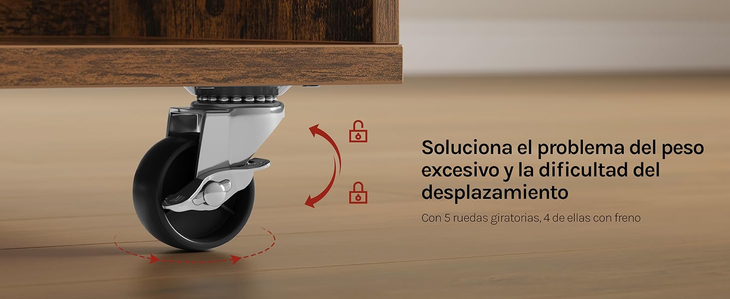 El texto dice «Soluciona el problema del peso excesivo y la dificultad del desplazamiento». Carrito para muebles con ruedas de color gris y detalle de rueda giratoria.