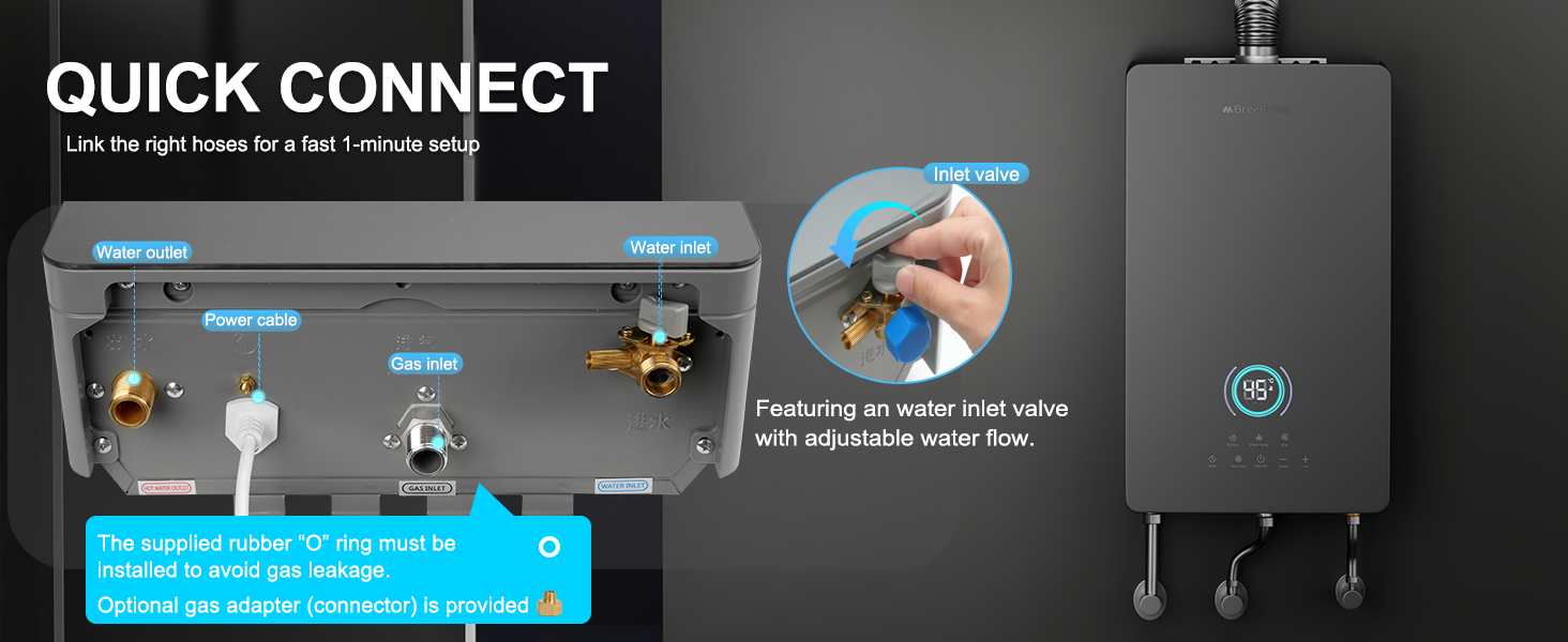 Le texte indique « CONNEXION RAPIDE ». Interface du produit montrant un panneau de commande sombre avec des sections illuminées en bleu et des icônes pour le système de chauffe-eau