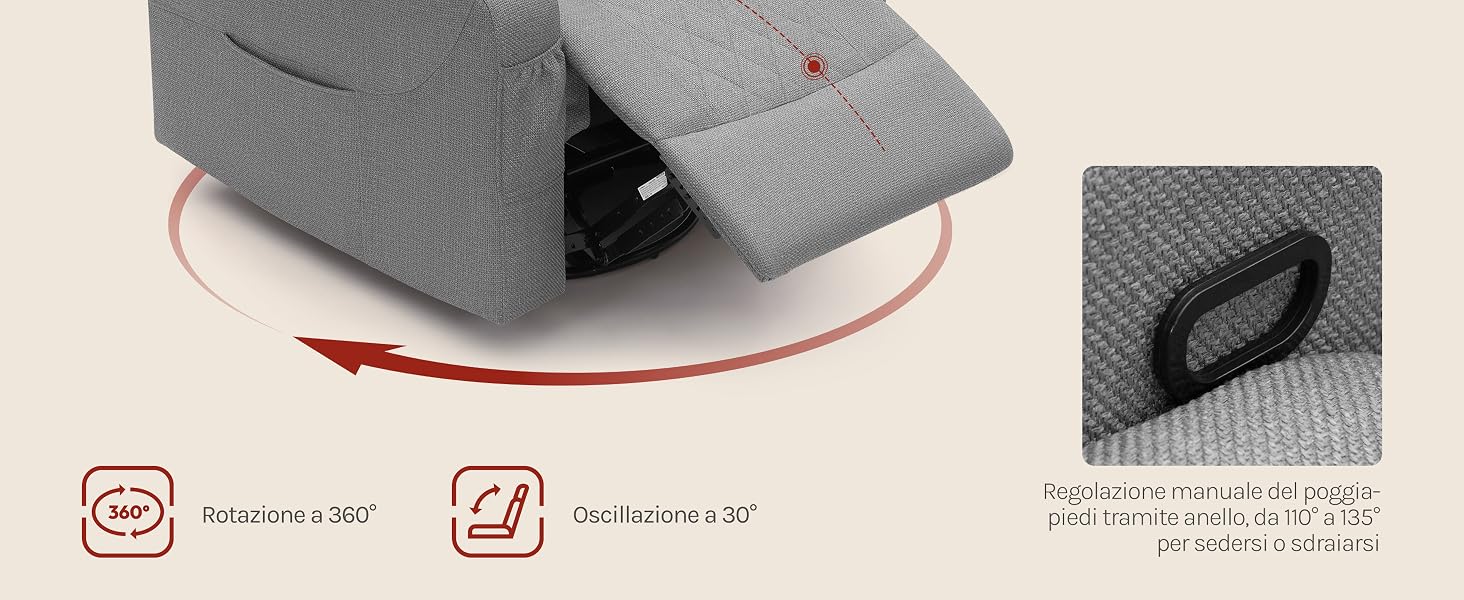 Il testo recita «made in» con sigillo circolare, un altro sigillo circolare e testo aggiuntivo con i dettagli del prodotto. Prodotto in tessuto trapuntato grigio con elemento nero mostrato da più angolazioni, incluso il primo piano del dettaglio tessile intrecciato.