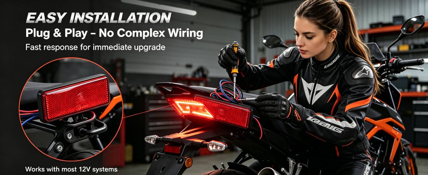Text reads 'EASY INSTALLATION Plug &amp; Play - No Complex Wiring' and 'Fast response for immediate warning'. Red motorcycle taillight with glowing LED display mounted on bike, rider in orange and black gear. Works with most 12V systems.