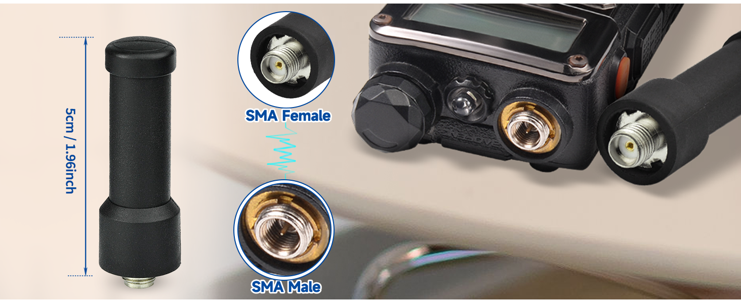 Close-up of a black antenna accessory for electronic devices. Shows SMA Female and SMA Male connectors, with length measurement of 5cm/1.96inch.